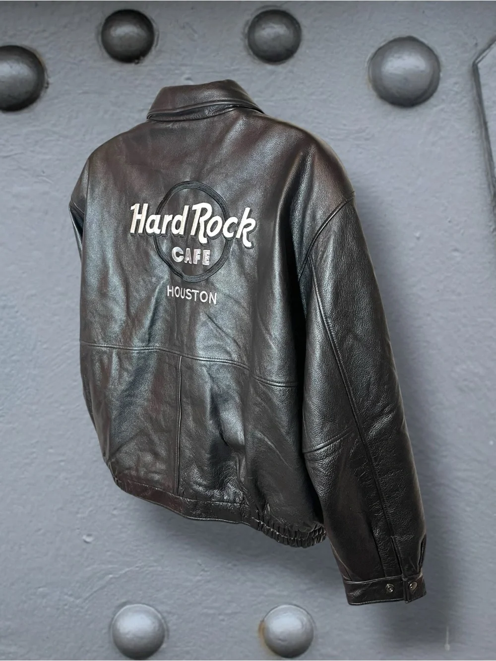 Hard Rock Cafe Houston   Embroidered Black Leather Bomber Jacket Men's Size XXL